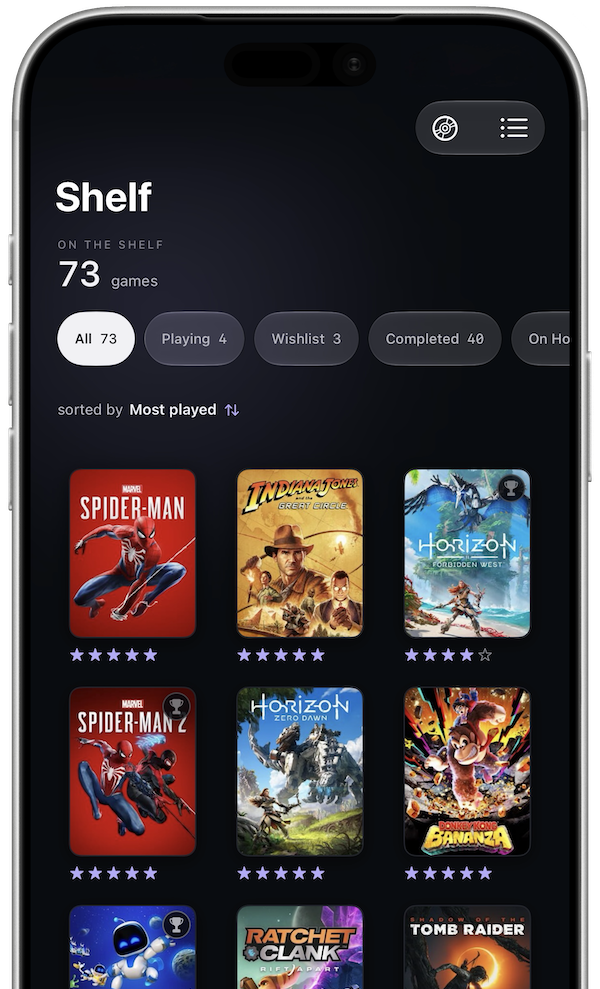 An iPhone showing the Completd shelf: 73 games, filters for Playing, Wishlist and Completed, and a grid of rated covers from Marvel’s Spider-Man to Shadow of the Tomb Raider.
